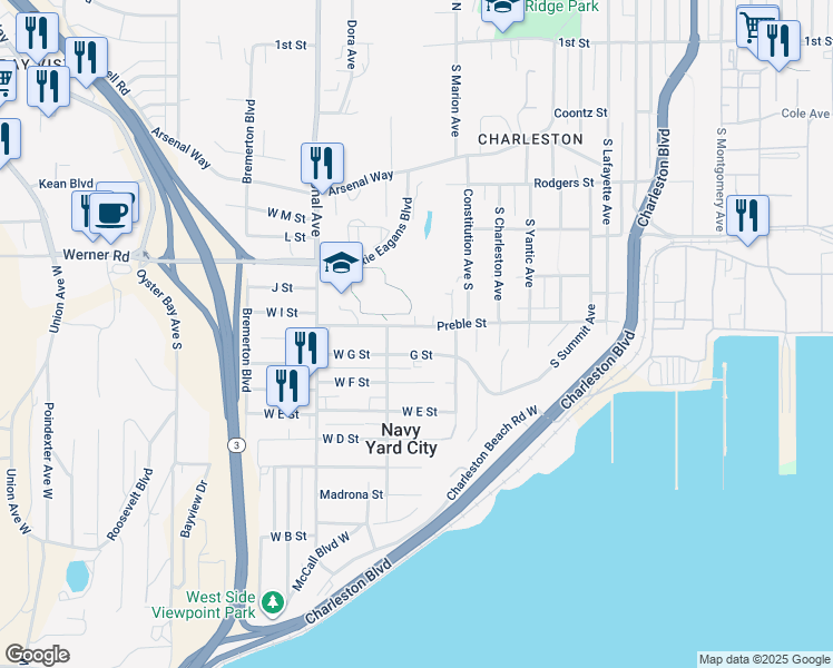 map of restaurants, bars, coffee shops, grocery stores, and more near 3627 Preble Street in Bremerton