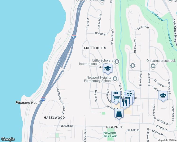 map of restaurants, bars, coffee shops, grocery stores, and more near 5219 116th Avenue Southeast in Bellevue