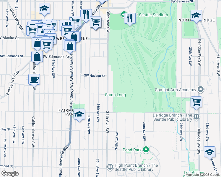 map of restaurants, bars, coffee shops, grocery stores, and more near 5044 35th Avenue Southwest in Seattle