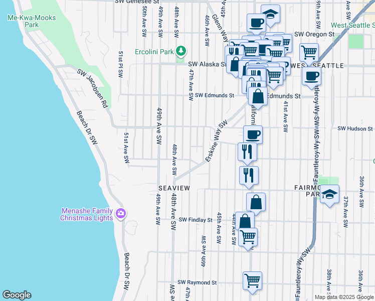 map of restaurants, bars, coffee shops, grocery stores, and more near 5107 47th Avenue Southwest in Seattle