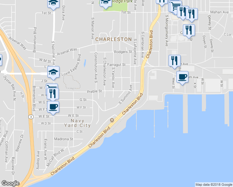 map of restaurants, bars, coffee shops, grocery stores, and more near 3215 Preble Street in Bremerton