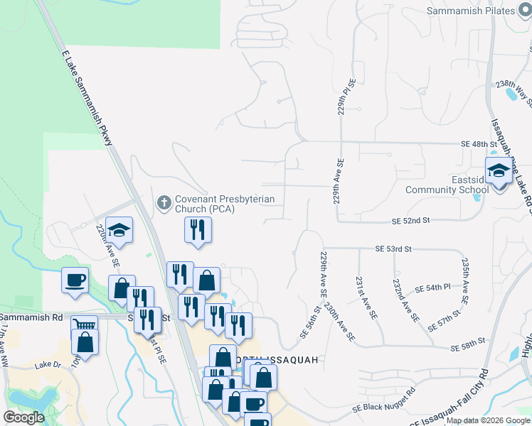 map of restaurants, bars, coffee shops, grocery stores, and more near 22536 Southeast 52nd Street in Issaquah