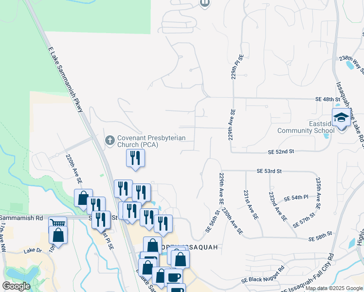 map of restaurants, bars, coffee shops, grocery stores, and more near 22536 Southeast 52nd Street in Issaquah