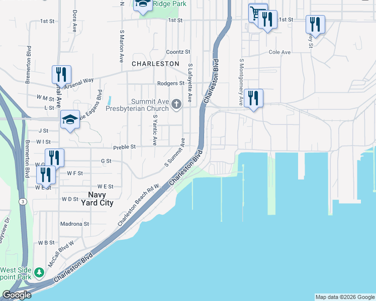 map of restaurants, bars, coffee shops, grocery stores, and more near 3005 Preble Street in Bremerton