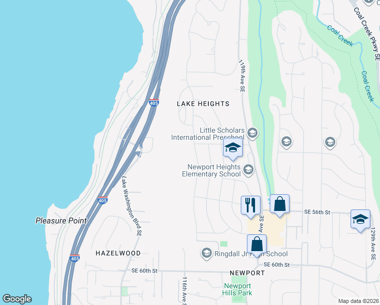 map of restaurants, bars, coffee shops, grocery stores, and more near 5219 116th Avenue Southeast in Bellevue