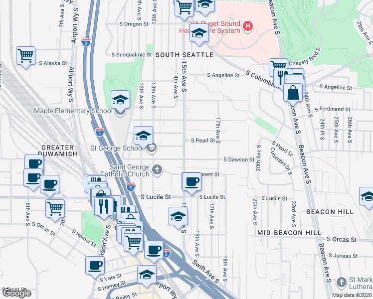 map of restaurants, bars, coffee shops, grocery stores, and more near 5122 15th Avenue South in Seattle