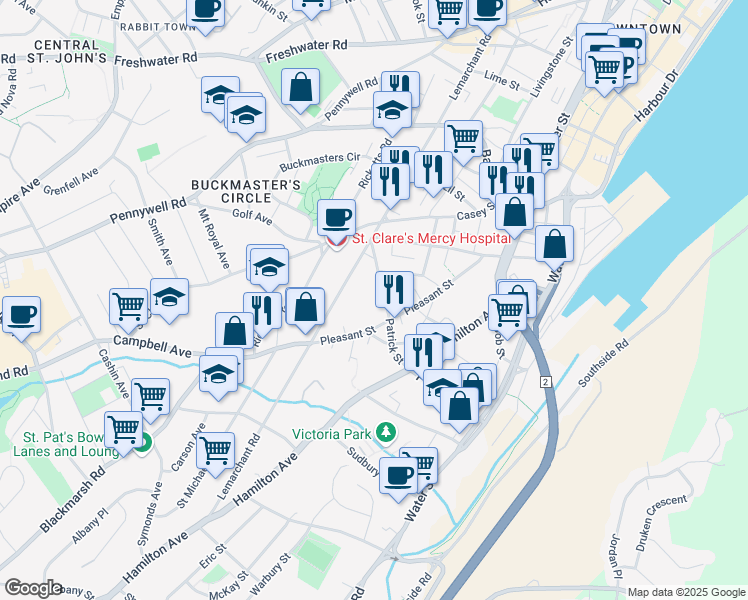map of restaurants, bars, coffee shops, grocery stores, and more near in St. John's