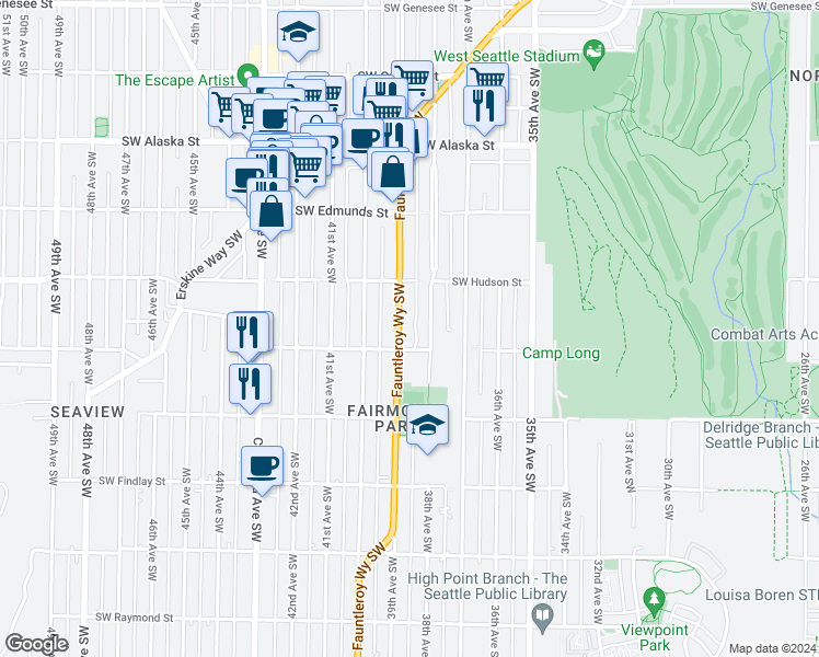 map of restaurants, bars, coffee shops, grocery stores, and more near 5044 Fauntleroy Way Southwest in Seattle