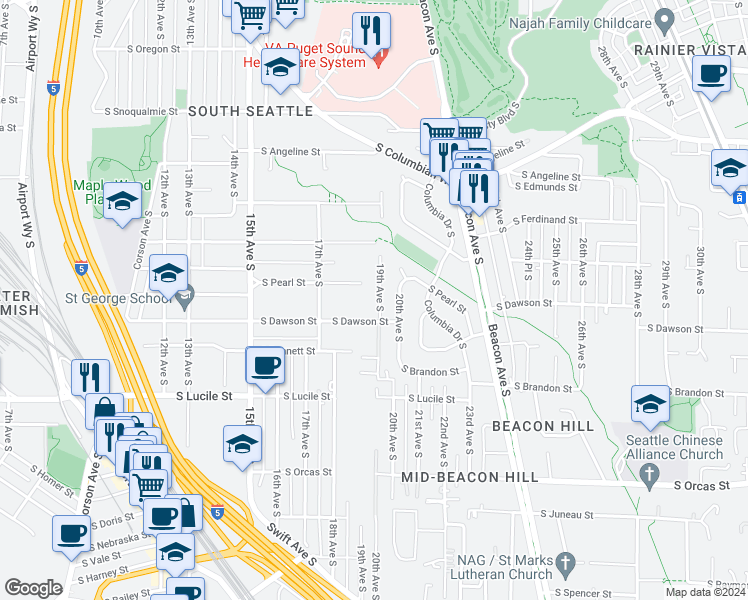 map of restaurants, bars, coffee shops, grocery stores, and more near 5113 19th Avenue South in Seattle