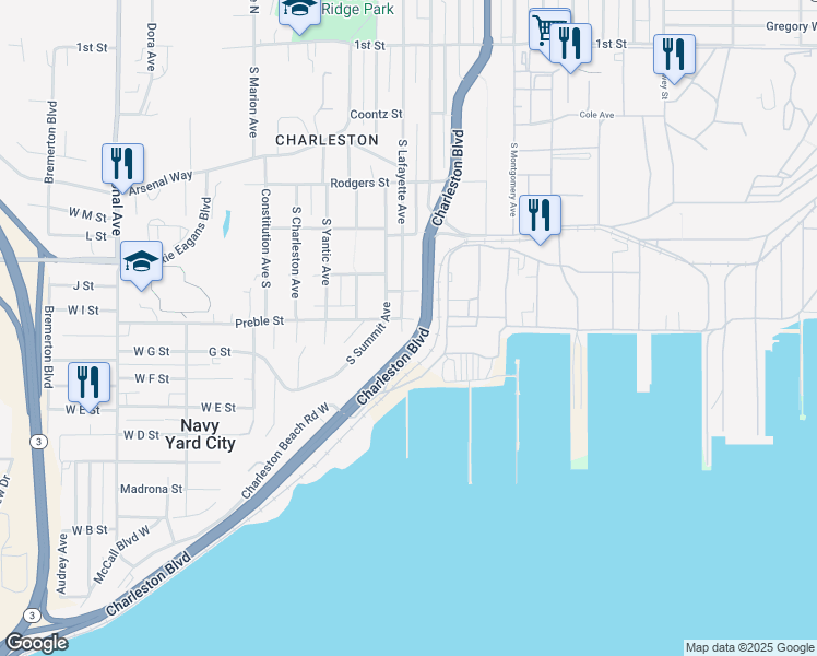 map of restaurants, bars, coffee shops, grocery stores, and more near 600 South Lafayette Avenue in Bremerton