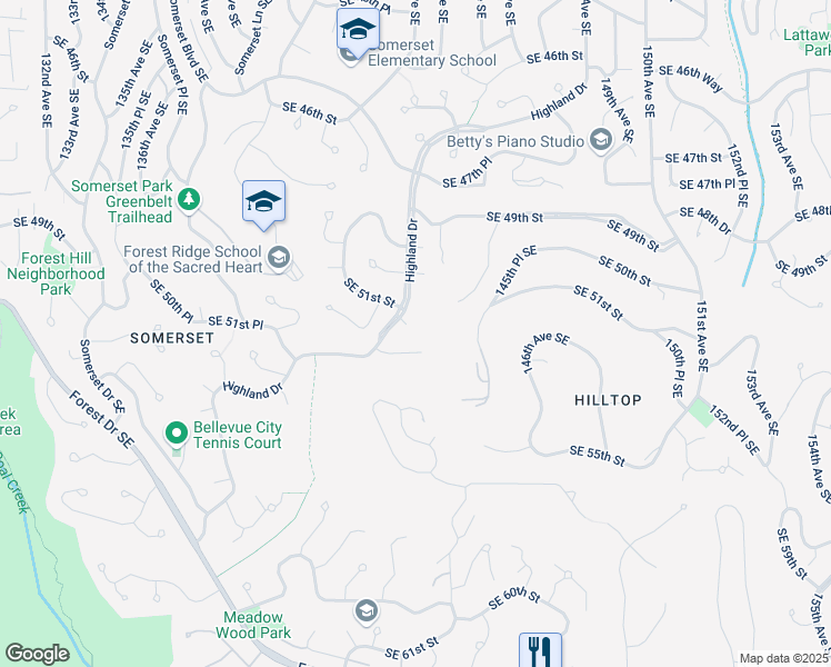 map of restaurants, bars, coffee shops, grocery stores, and more near 14210 Southeast 52nd Place in Bellevue