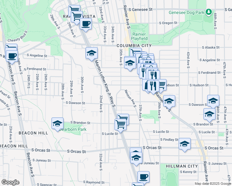 map of restaurants, bars, coffee shops, grocery stores, and more near 5040 35th Avenue South in Seattle