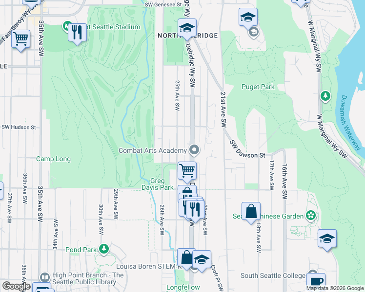 map of restaurants, bars, coffee shops, grocery stores, and more near 5048 25th Avenue Southwest in Seattle