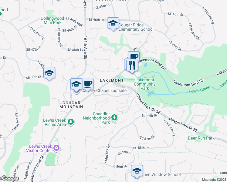 map of restaurants, bars, coffee shops, grocery stores, and more near 5305 Lakemont Boulevard Southeast in Bellevue
