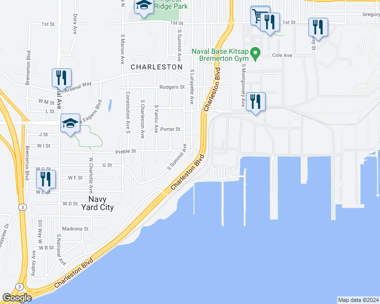 map of restaurants, bars, coffee shops, grocery stores, and more near 3001 Preble Street in Bremerton