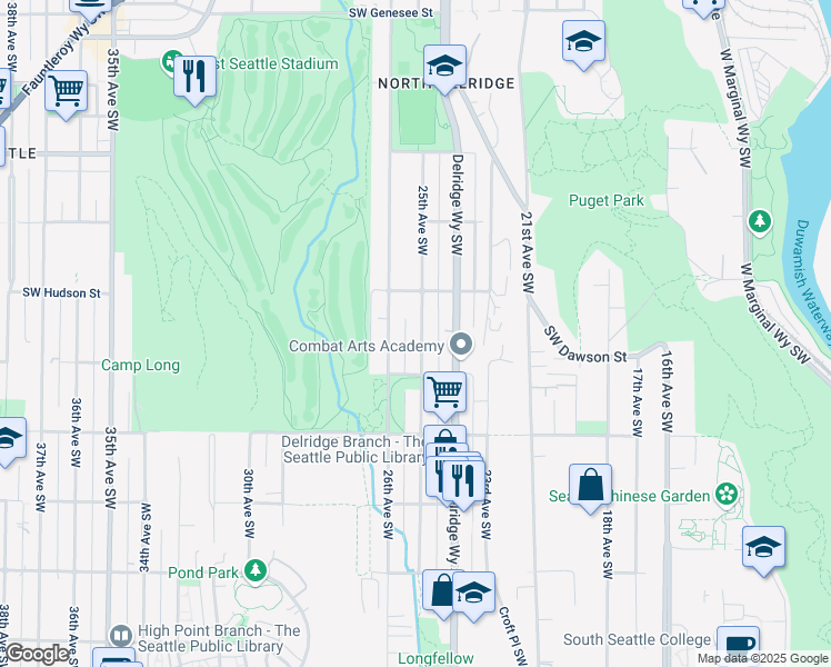 map of restaurants, bars, coffee shops, grocery stores, and more near 5048 25th Avenue Southwest in Seattle