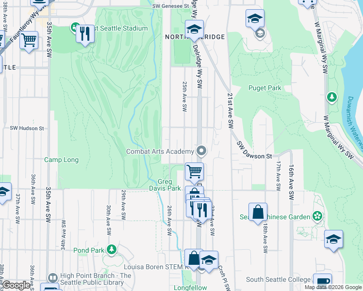 map of restaurants, bars, coffee shops, grocery stores, and more near 5048 25th Avenue Southwest in Seattle