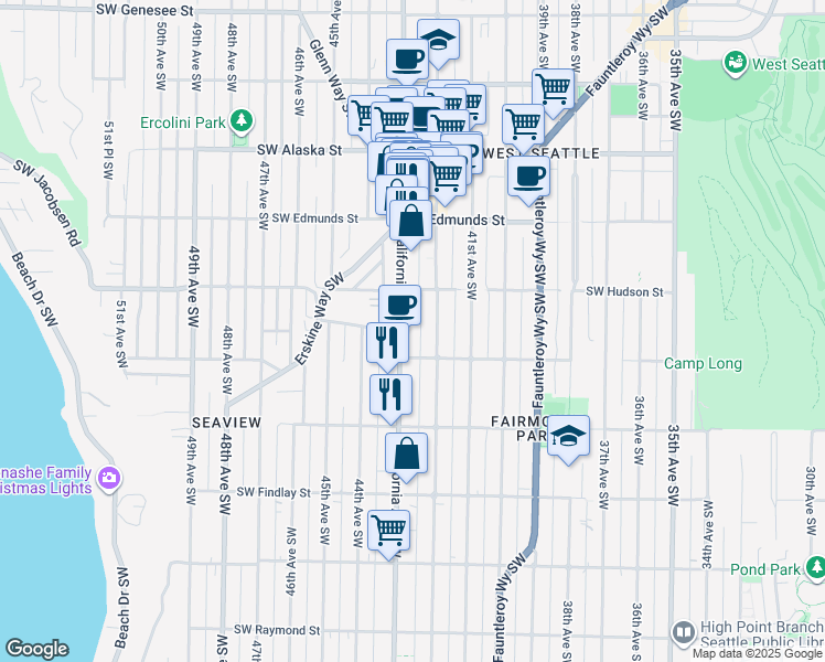map of restaurants, bars, coffee shops, grocery stores, and more near 5038 California Avenue Southwest in Seattle