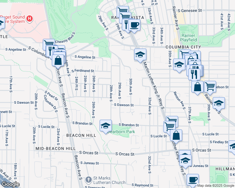 map of restaurants, bars, coffee shops, grocery stores, and more near 5044 28th Avenue South in Seattle