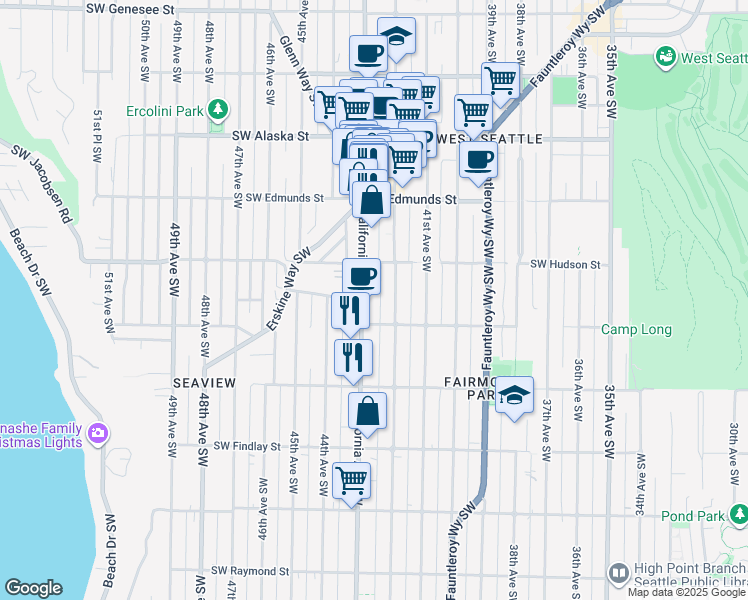 map of restaurants, bars, coffee shops, grocery stores, and more near 5050 California Avenue Southwest in Seattle
