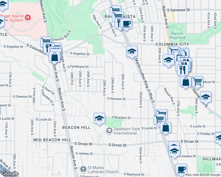 map of restaurants, bars, coffee shops, grocery stores, and more near 5029 29th Avenue South in Seattle