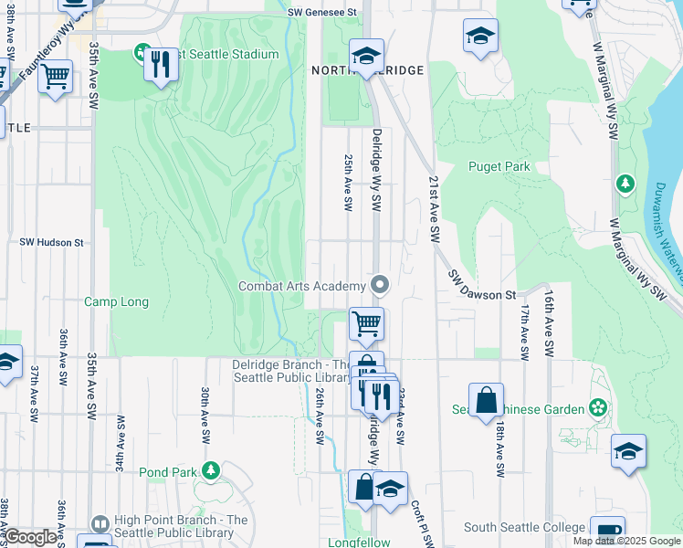 map of restaurants, bars, coffee shops, grocery stores, and more near 5035 25th Avenue Southwest in Seattle