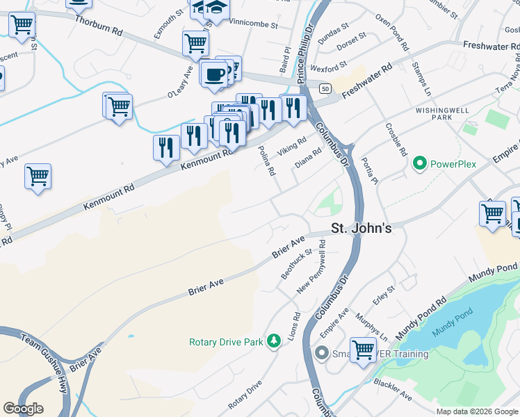 map of restaurants, bars, coffee shops, grocery stores, and more near 132 A Old Pennywell Road in St. John's