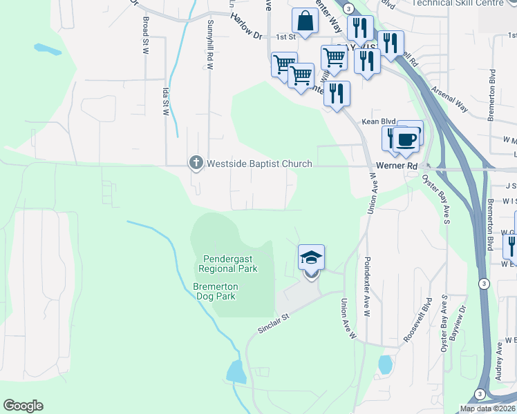 map of restaurants, bars, coffee shops, grocery stores, and more near 5196 West Francis Street in Bremerton