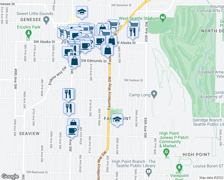 map of restaurants, bars, coffee shops, grocery stores, and more near 5055 38th Avenue Southwest in Seattle
