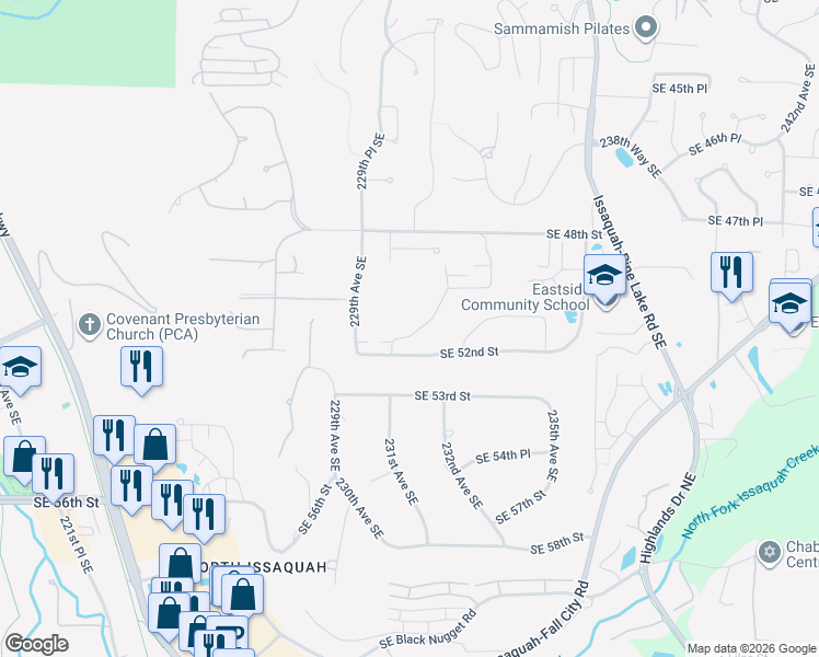 map of restaurants, bars, coffee shops, grocery stores, and more near 23024 Southeast 52nd Street in Issaquah