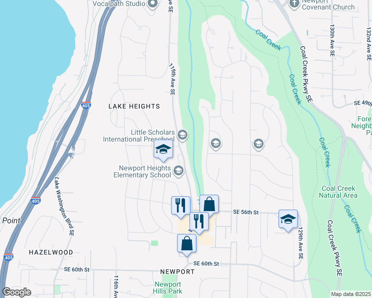 map of restaurants, bars, coffee shops, grocery stores, and more near 5224 119th Avenue Southeast in Bellevue