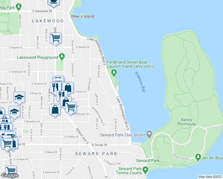 map of restaurants, bars, coffee shops, grocery stores, and more near 5041 Lake Washington Boulevard South in Seattle