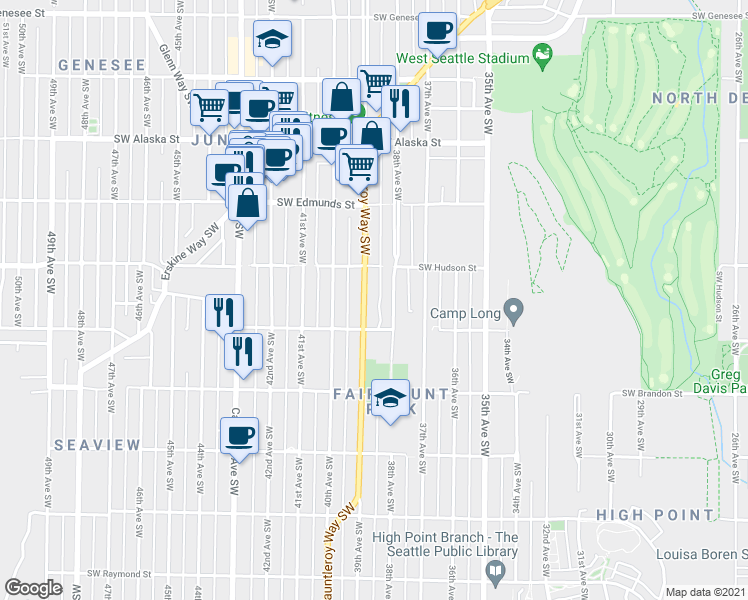 map of restaurants, bars, coffee shops, grocery stores, and more near 5055 38th Avenue Southwest in Seattle