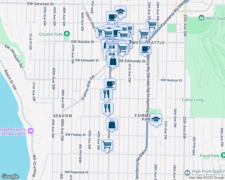 map of restaurants, bars, coffee shops, grocery stores, and more near 5050 California Avenue Southwest in Seattle