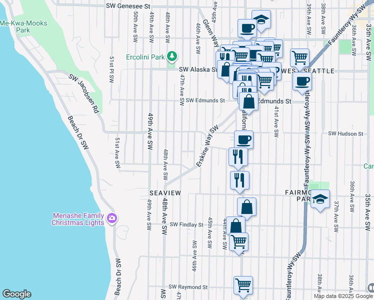 map of restaurants, bars, coffee shops, grocery stores, and more near 5107 47th Avenue Southwest in Seattle