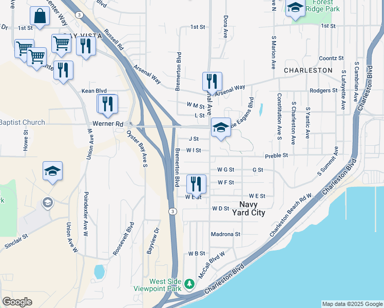 map of restaurants, bars, coffee shops, grocery stores, and more near 4135 H Street in Bremerton