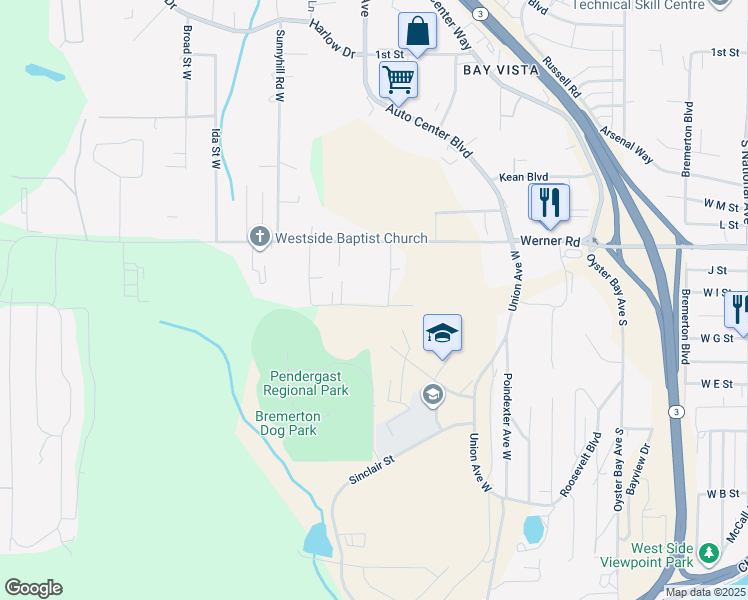 map of restaurants, bars, coffee shops, grocery stores, and more near 2622 West Francis Street in Bremerton