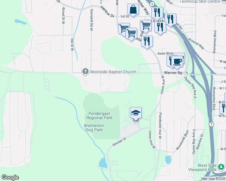 map of restaurants, bars, coffee shops, grocery stores, and more near 5196 West Francis Street in Bremerton