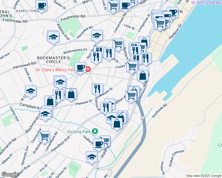 map of restaurants, bars, coffee shops, grocery stores, and more near 96 Pleasant Street in St. John's