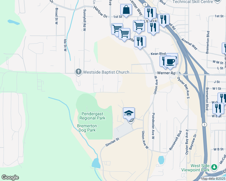 map of restaurants, bars, coffee shops, grocery stores, and more near 2622 West Francis Street in Bremerton