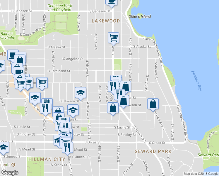 map of restaurants, bars, coffee shops, grocery stores, and more near 5014 49th Avenue South in Seattle