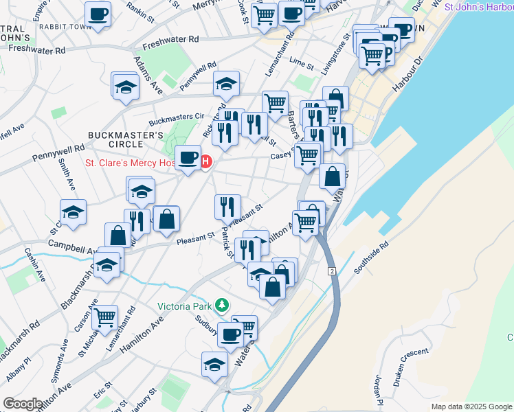 map of restaurants, bars, coffee shops, grocery stores, and more near 96 Pleasant Street in St. John's