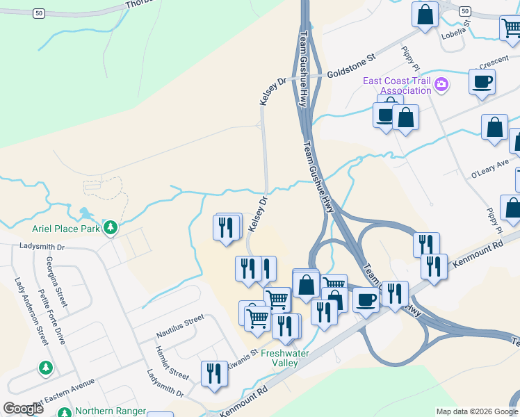 map of restaurants, bars, coffee shops, grocery stores, and more near Kelsey Drive in St. John's