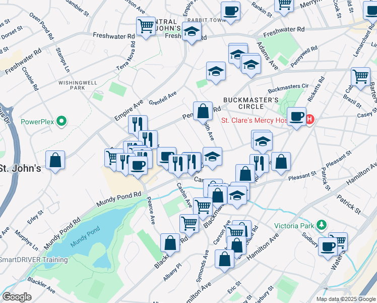 map of restaurants, bars, coffee shops, grocery stores, and more near 13 Kitchener Avenue in St. John's