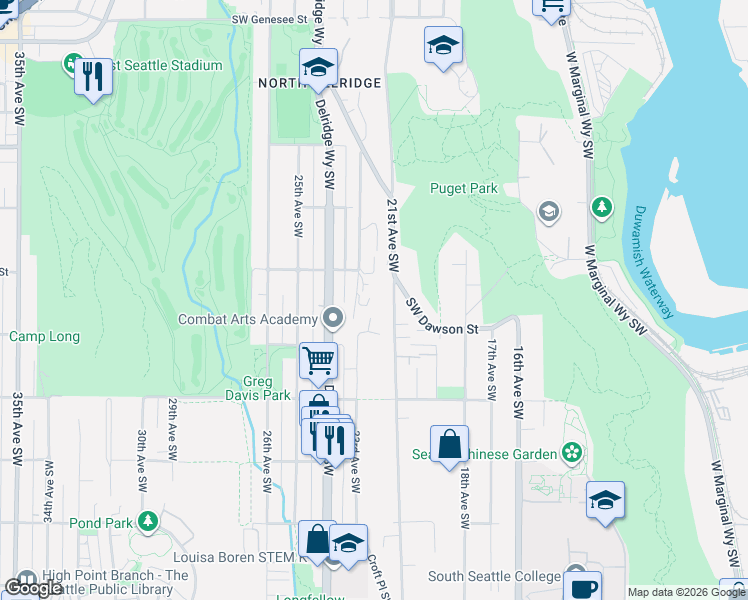 map of restaurants, bars, coffee shops, grocery stores, and more near 5070 Puget Boulevard Southwest in Seattle
