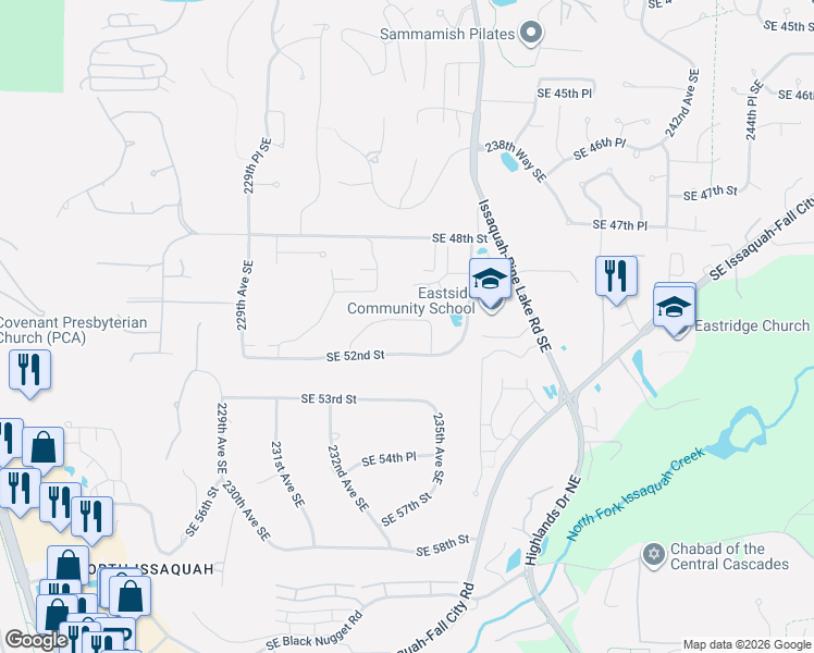 map of restaurants, bars, coffee shops, grocery stores, and more near 23419 Southeast 51st Place in Issaquah