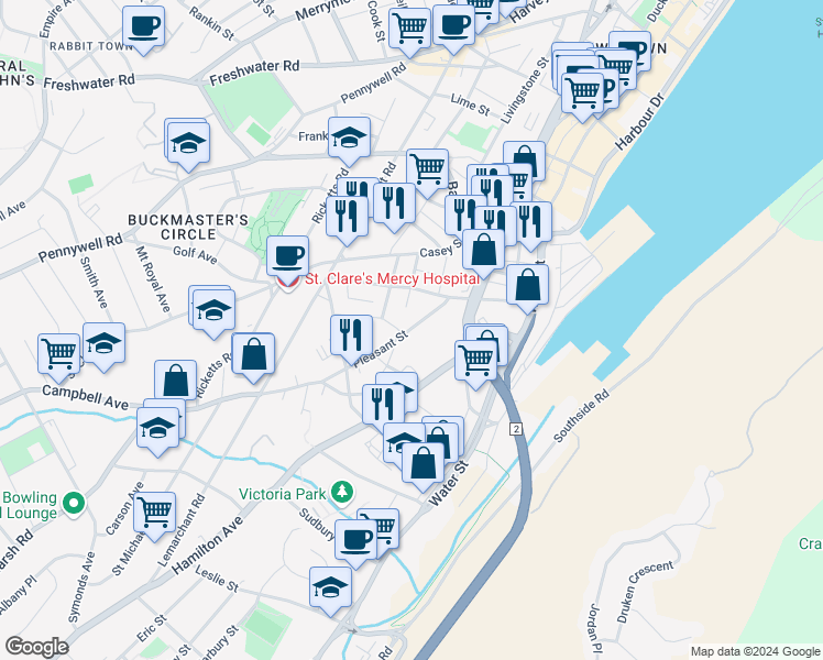 map of restaurants, bars, coffee shops, grocery stores, and more near 99 Pleasant Street in St. John's