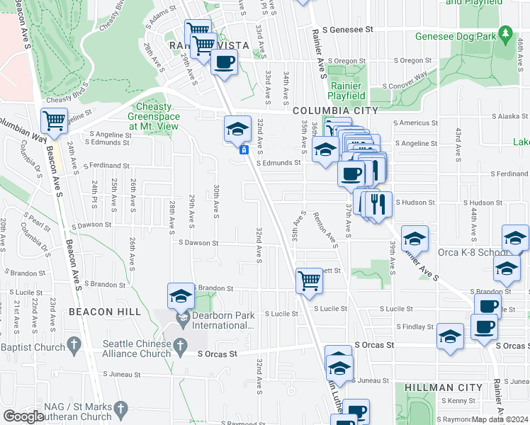 map of restaurants, bars, coffee shops, grocery stores, and more near 5012 32nd Avenue South in Seattle