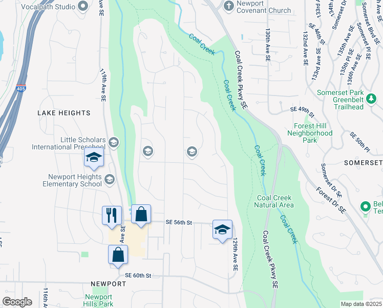 map of restaurants, bars, coffee shops, grocery stores, and more near 12503 Southeast 52nd Street in Bellevue