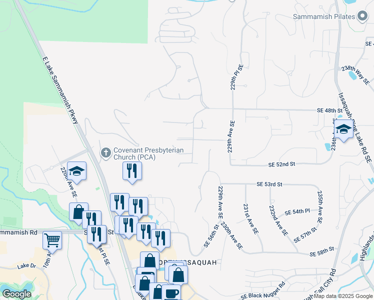 map of restaurants, bars, coffee shops, grocery stores, and more near 22685 Southeast 51th Street in Issaquah